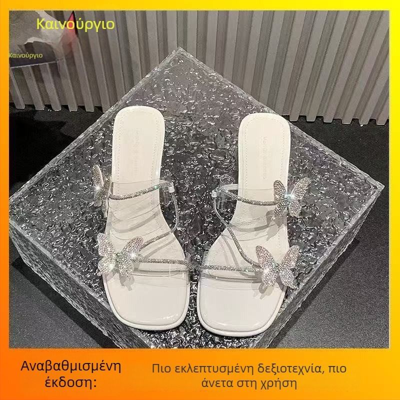 Γυναικείες σανδάλια με φιόγκο και διαφανείς στρας, τετράγωνος μύτης, φαρδύς τακούνι 3-5 cm, άνοιξη 2026.