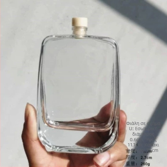 100 ml Διαφανής γυάλινη φιάλη επίπεδης τετράγωνης μορφής με μικρό στόμιο για οινοπνευματώδη, αρωματοθεραπεία, επαναγέμισμα αρωμάτων, καφέ και ποτά, κενή διακοσμητική φιάλη