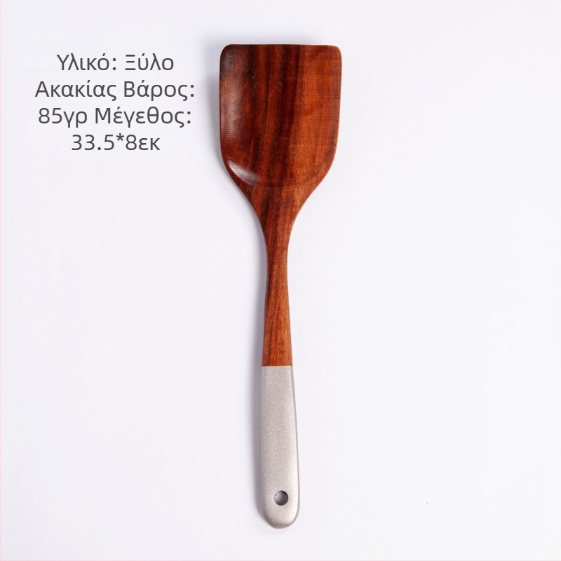 Σετ μαγειρικών εργαλείων από teak: μακριά λαβή σπατουλας, κουτάλι ρυζιού, μεγάλη κουτάλα για σούπα και κουτάλι με τρύπες
