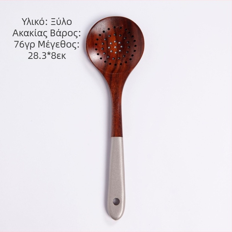 Σετ μαγειρικών εργαλείων από teak: μακριά λαβή σπατουλας, κουτάλι ρυζιού, μεγάλη κουτάλα για σούπα και κουτάλι με τρύπες