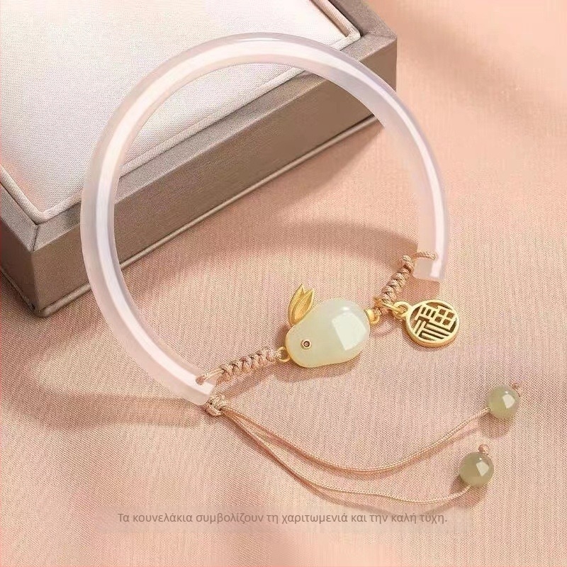 Φυσικό Hetian Jade βραχιόλι με λαγουδάκι για γυναίκες, λίθος Ice τύπου, δώρο για την κοπέλα, Έτος του Λαγού