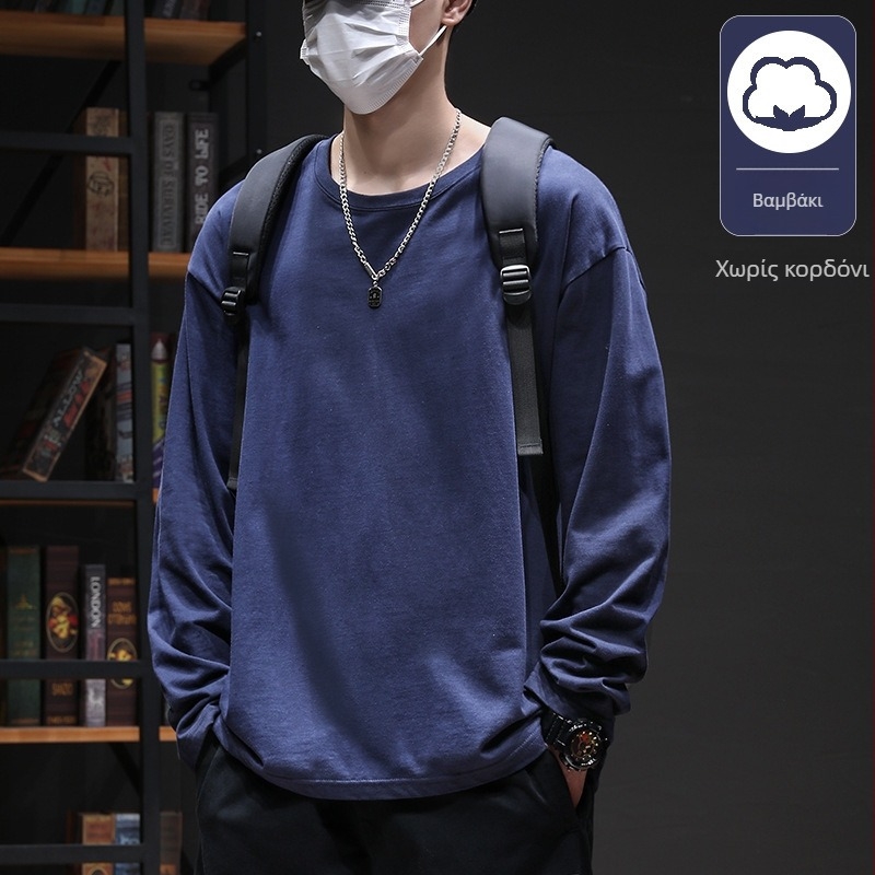 Ανδρική μακρυμάνικη T-shirt από 100% βαμβάκι, φαρδιά εφαρμογή, φθινοπωρινό casual αθλητικό τοπ με στρογγυλό λαιμό