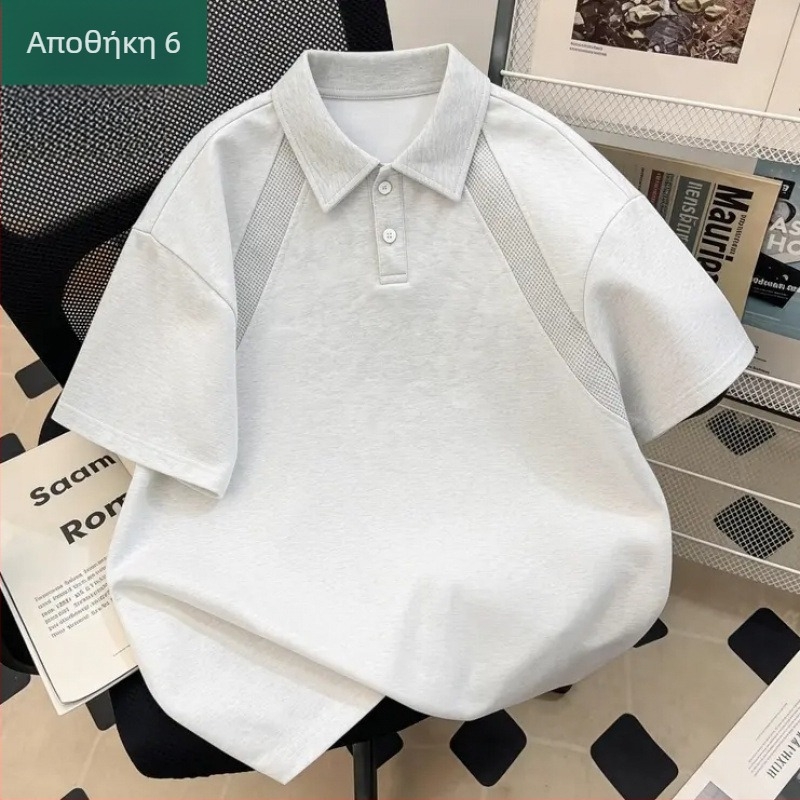 Ανδρικό T‑shirt με λαιμό polo σε αμερικανικό στυλ, κοντομάνικο, για καλοκαίρι, άνετο, καθημερινό και ευέλικτο