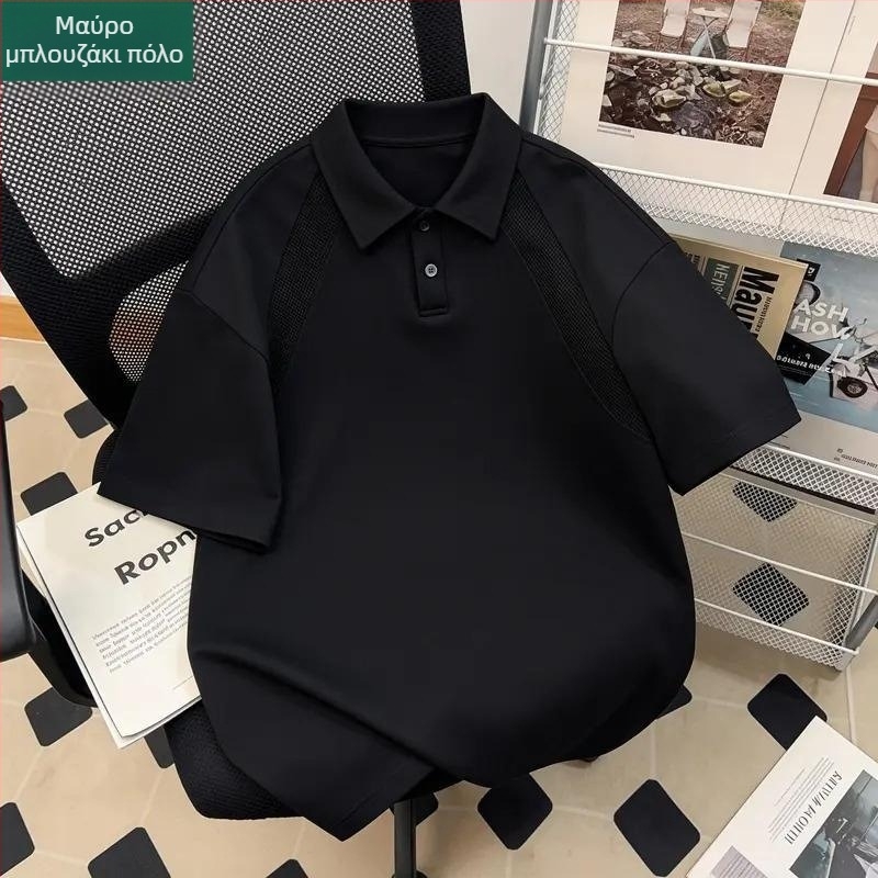 Ανδρικό T‑shirt με λαιμό polo σε αμερικανικό στυλ, κοντομάνικο, για καλοκαίρι, άνετο, καθημερινό και ευέλικτο