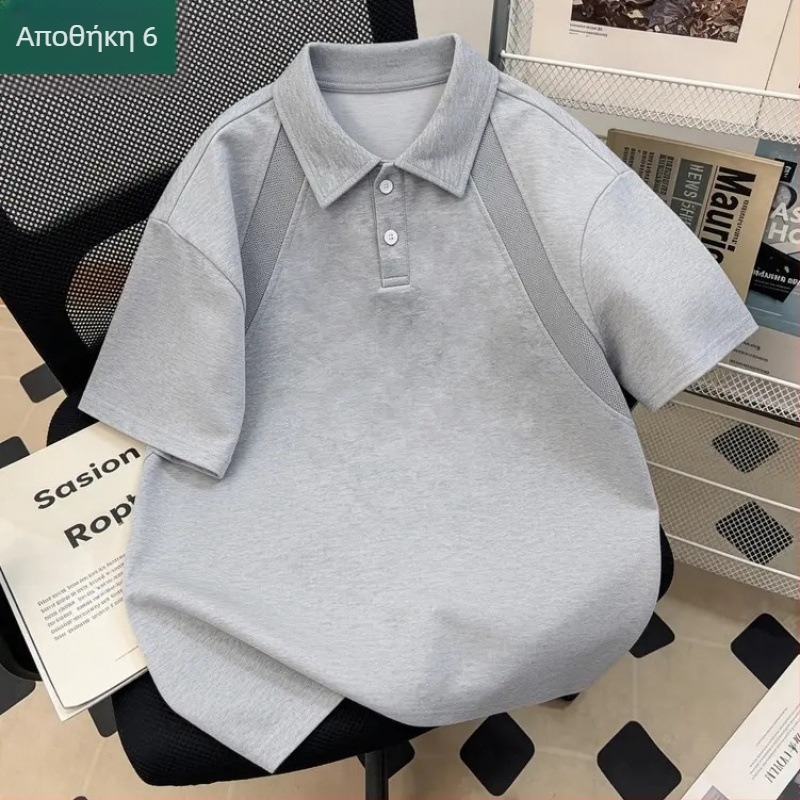 Ανδρικό T‑shirt με λαιμό polo σε αμερικανικό στυλ, κοντομάνικο, για καλοκαίρι, άνετο, καθημερινό και ευέλικτο