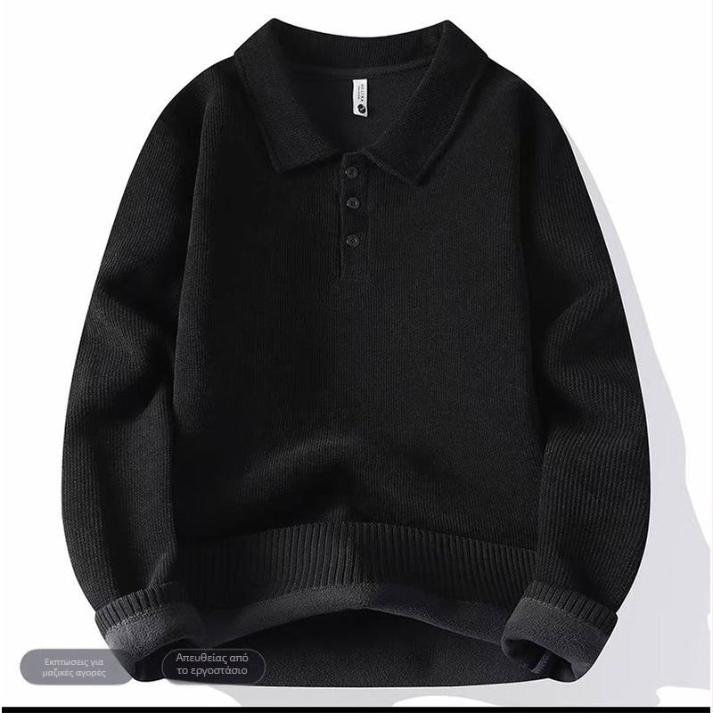 Ανδρικό polo με επένδυση φλίς, ζεστό χειμωνιάτικο πλεκτό ρούχο, μοντέρνο νεανικό στυλ