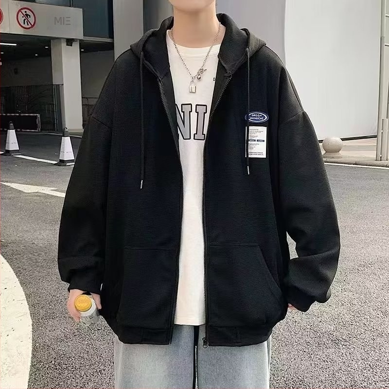 Ανδρικό cardigan με κουκούλα σε waffle-knit, φαριά γραμμή, ιαπωνικού στυλ, για άνοιξη και φθινόπωρο, τσέπες καγκουρού