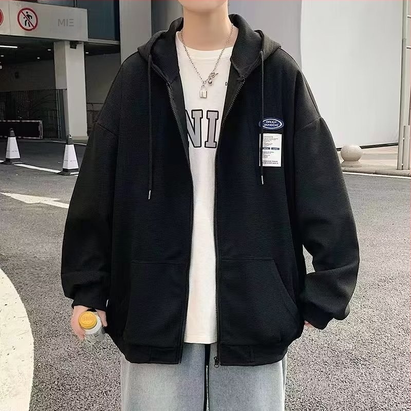 Ανδρικό cardigan με κουκούλα σε waffle-knit, φαριά γραμμή, ιαπωνικού στυλ, για άνοιξη και φθινόπωρο, τσέπες καγκουρού