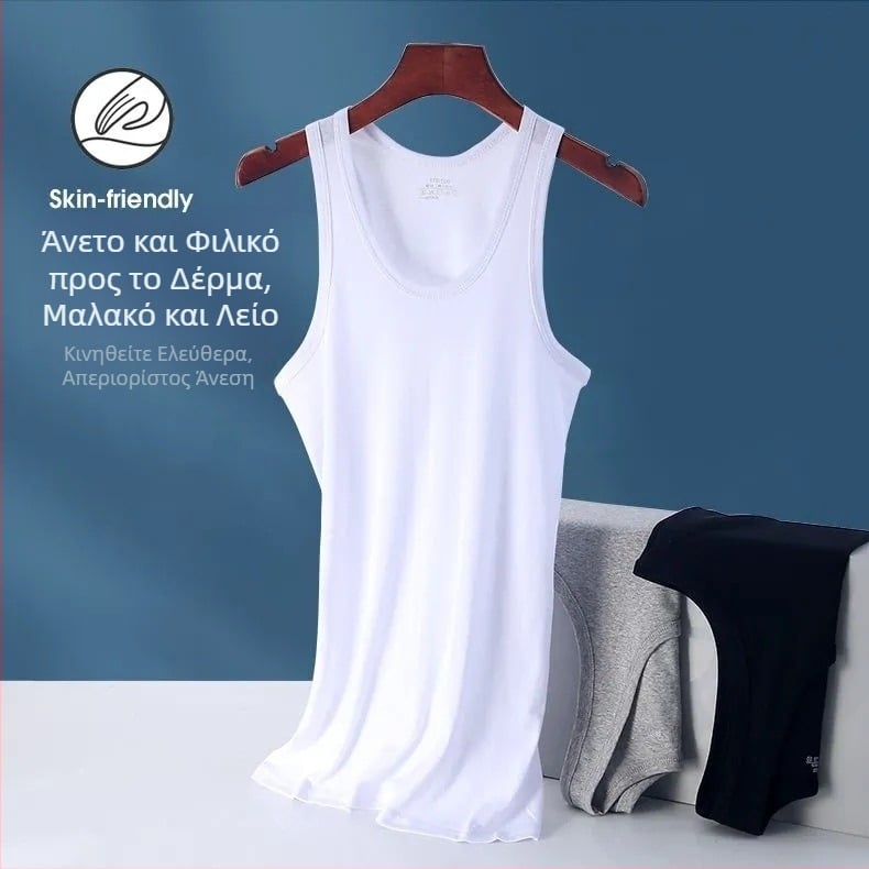 Ανδρικό αμάνικο τοπάκι από 100% βαμβάκι, μονόχρωμο, διαπνέον, άνετη γραμμή, αθλητικό εσώρουχο