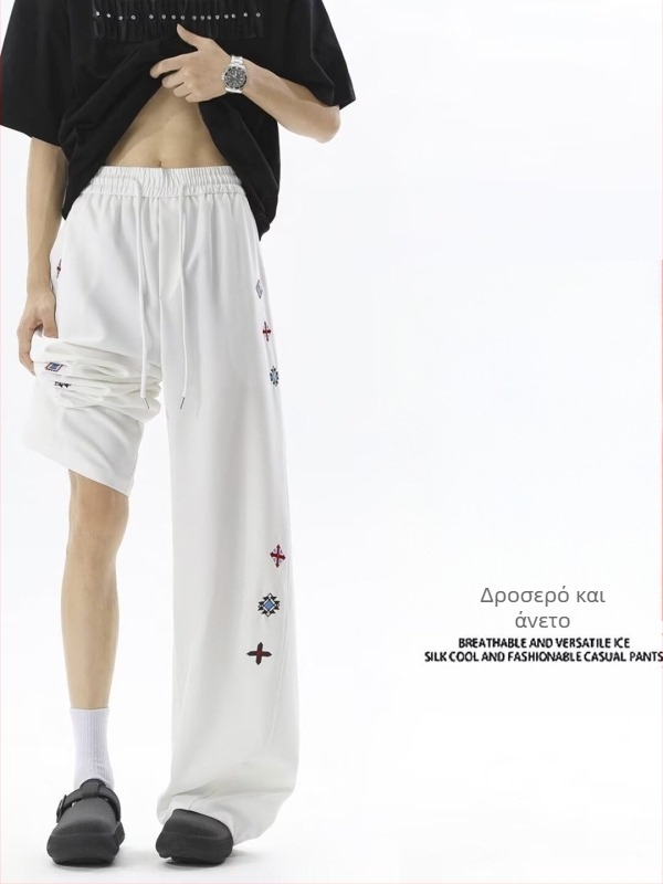 Unisex καλοκαιρινά παντελόνια με κέντημα και κυρτό τελείωμα, λεπτά διαπνέοντα, ευρύ παντελόνι, ίσια γραμμή