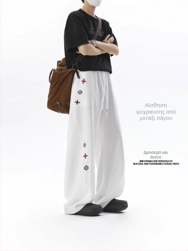 Unisex καλοκαιρινά παντελόνια με κέντημα και κυρτό τελείωμα, λεπτά διαπνέοντα, ευρύ παντελόνι, ίσια γραμμή