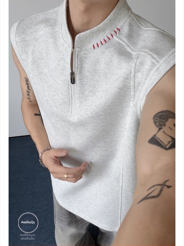 Αμερικάνικό ρετρό Henley χωρίς μανίκια T‑shirt, ελαφρύ και διαπνέον για το καλοκαίρι, casual και απλό στυλ