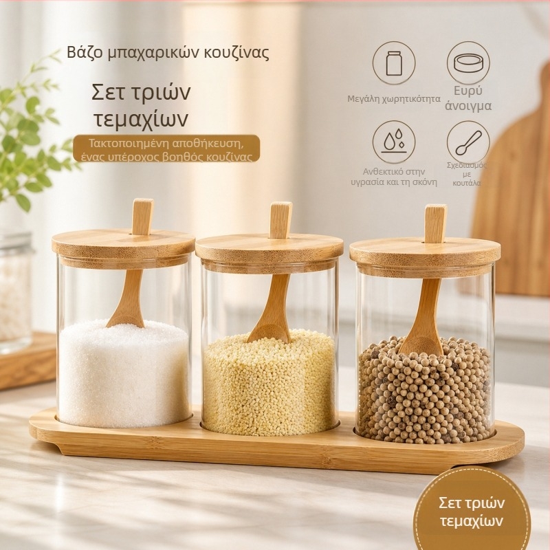Γυάλινα βάζα για μπαχαρικά με καπάκια από μπαμπού και κουταλάκια – αποθήκευση αλατιού, ζάχαρης και MSG