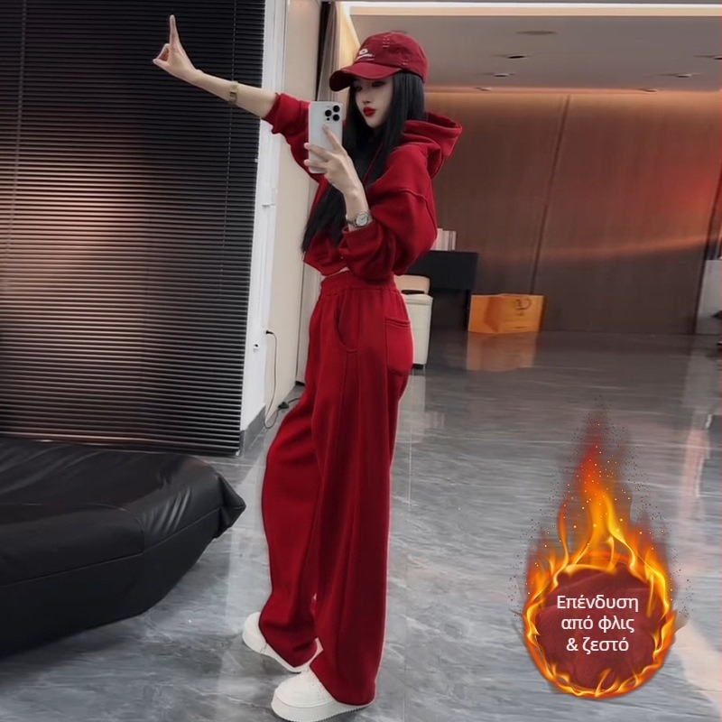 Σετ δύο τεμαχίων με φλίς, casual αθλητικό για φθινόπωρο-χειμώνα, Κορεατικό στυλ, με κουκούλα και wide-leg παντελόνια, γυναικείο