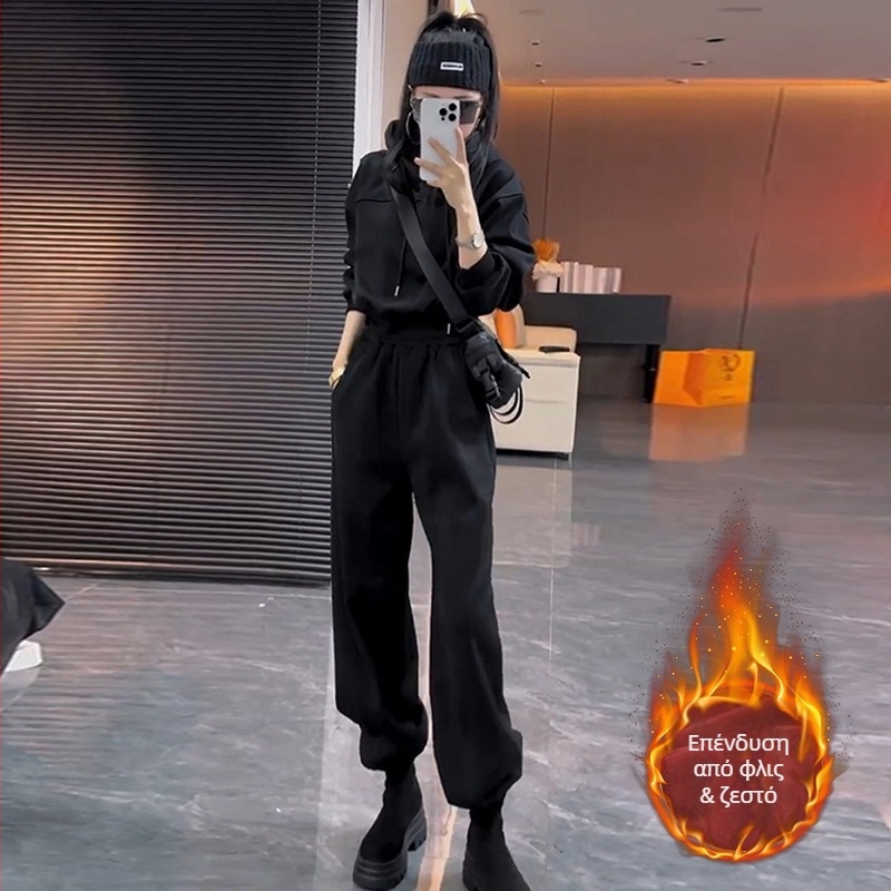 Σετ δύο τεμαχίων με φλίς, casual αθλητικό για φθινόπωρο-χειμώνα, Κορεατικό στυλ, με κουκούλα και wide-leg παντελόνια, γυναικείο