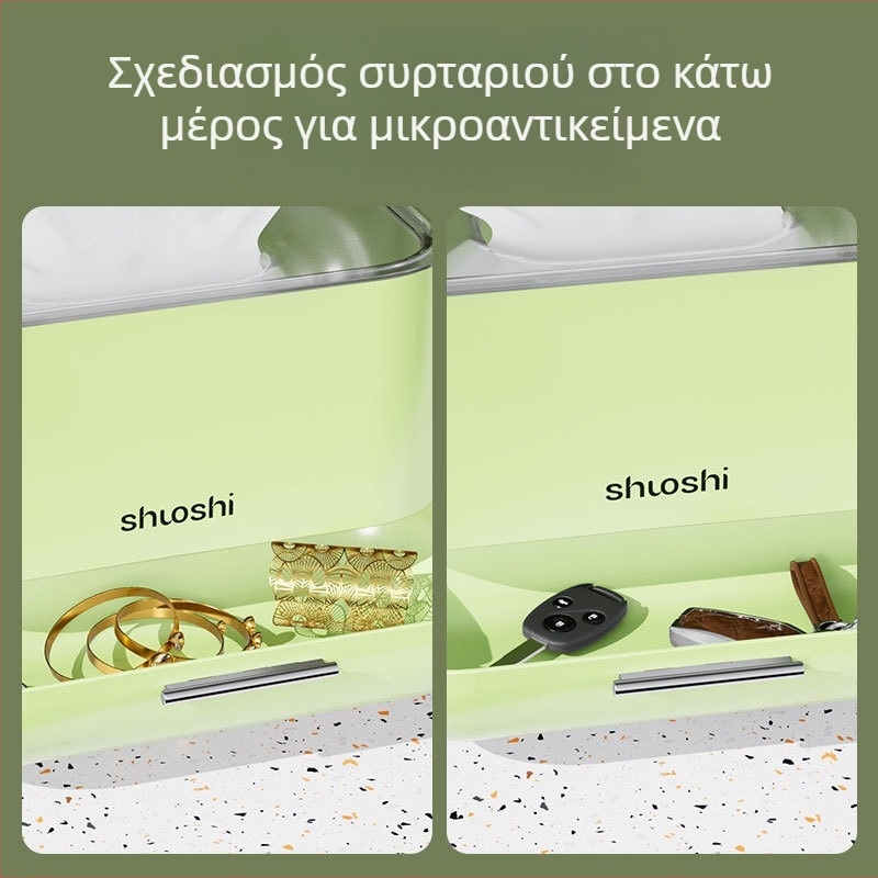 Επιτραπέζιο κουτί χαρτομάντιλων σε κρεμ απόχρωση με διπλή προστασία από σκόνη και μηχανισμό με ελατήριο, οργάνωση κλειδιών και μασκών στην είσοδο