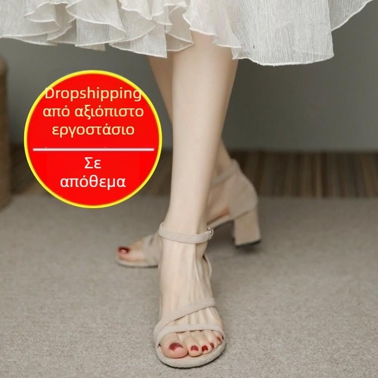 Γυναικείες σανδάλια με μία λουρίδα, ανοιχτό δάχτυλο, μεσαίου ύψους φαρύ τακούνι, γαλλικό στυλ νεράιδας, καλοκαίρι 2026