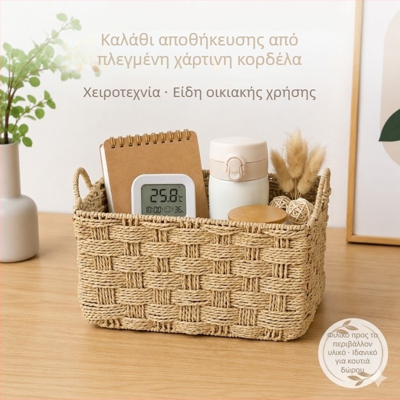 Χειροποίητο καλάθι αποθήκευσης γραφείου από χαρτινό σχοινί και ρατάν, για αντικείμενα, ρούχα, βιβλία και παιχνίδια