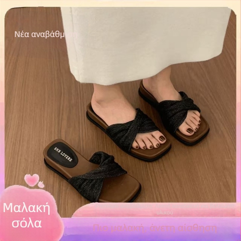Γυναικείες σανδάλια με 4 cm φαρδιά σόλα, πλεκτό από ψάθα, καλοκαιρινό σχέδιο, γαλλικό ρετρό στυλ, slip-on