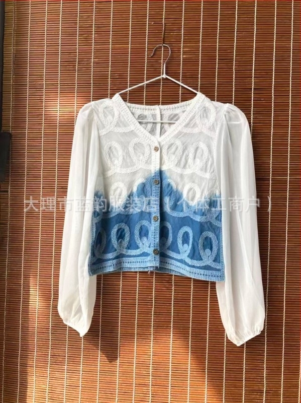 Μπλούζα από σιφόν με tie-dye και κέντημα, μακριά μανίκια, V-λαιμό, UV προστασία, ελαφρύ στυλ cardigan
