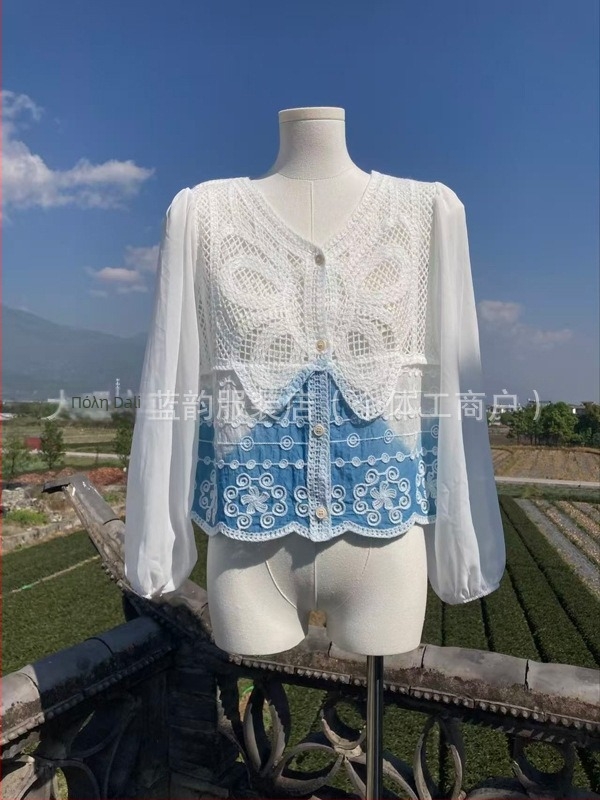 Μπλούζα από σιφόν με tie-dye και κέντημα, μακριά μανίκια, V-λαιμό, UV προστασία, ελαφρύ στυλ cardigan