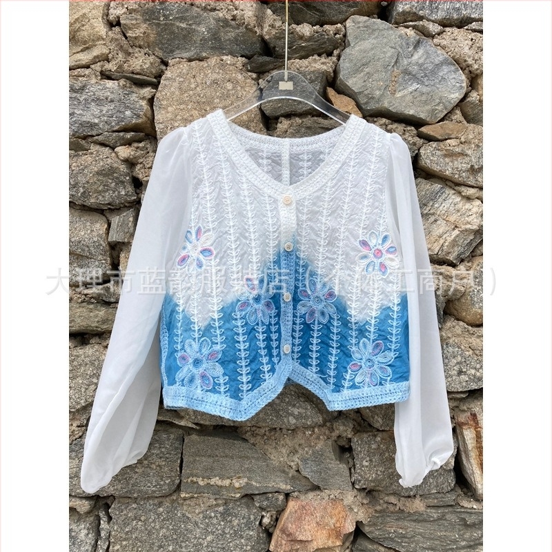 Μπλούζα από σιφόν με tie-dye και κέντημα, μακριά μανίκια, V-λαιμό, UV προστασία, ελαφρύ στυλ cardigan