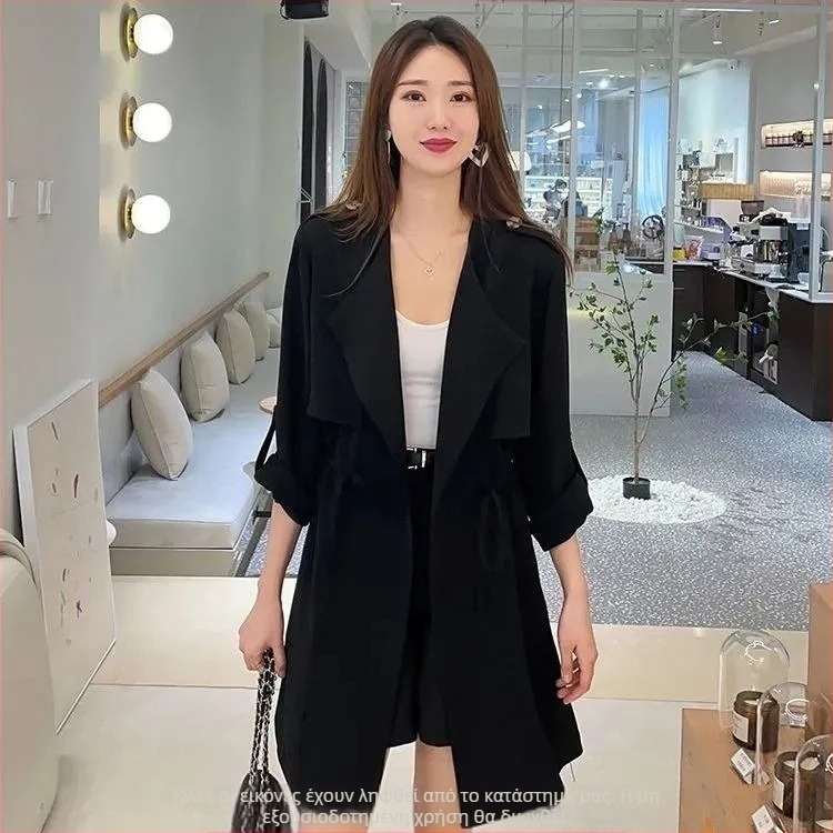 9105 Γυναικεία ελαφριά ζακέτα για άνοιξη-φθινόπωρο, κορεατικό στυλ, με κορδόνι, λεπτή γραμμή, αντιανεμικό, μανίκια 3/4, 2025