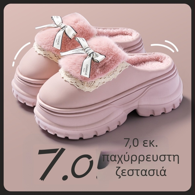 Γυναικείες παντόφλες από βαμβάκι με φιόγκο, οικιακή χρήση, φθινοπωρινό-χειμερινό 2024, παχιά σόλα, ζεστό γούνινο εσωτερικό, αντιολισθητικές