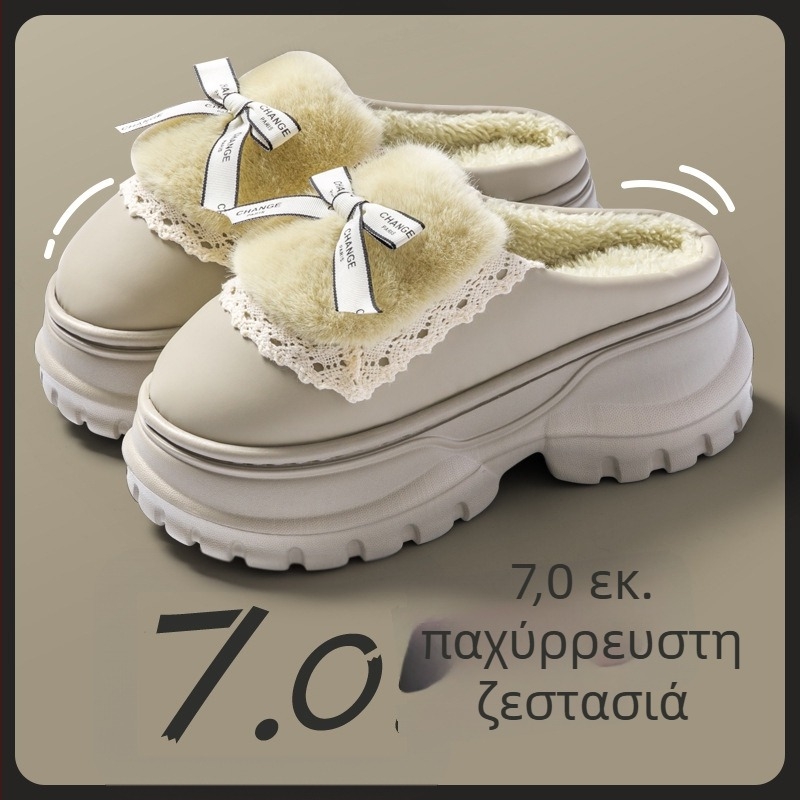 Γυναικείες παντόφλες από βαμβάκι με φιόγκο, οικιακή χρήση, φθινοπωρινό-χειμερινό 2024, παχιά σόλα, ζεστό γούνινο εσωτερικό, αντιολισθητικές
