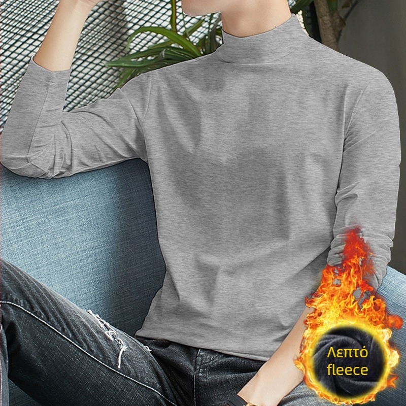 Ανδρικό μακρυμάνικο T‑shirt με ημιυψωμένο γιακά, ζεστό φλίς εσωτερικά, εφαρμοστό, φθινόπωρο/χειμώνας
