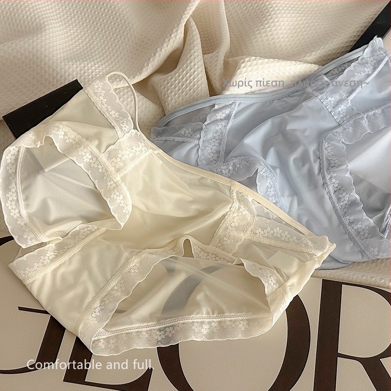 Γυναικείο εσώρουχο από ice silk με δαντέλα, λεπτό καλοκαιρινό σχέδιο, αντιβακτηριακή επένδυση από βαμβάκι, μεσαία μέση, μεγάλο μέγεθος