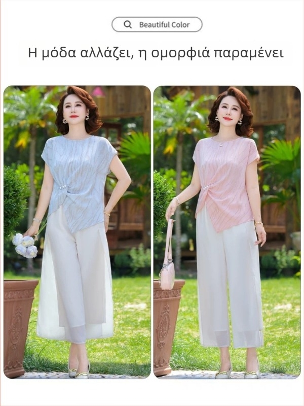 Σετ καλοκαιρινής γυναικείας ενδυμασίας για μεσήλικες και μεγαλύτερες γυναίκες, φλοράλ σχέδιο, τοπ από ice silk και cropped παντελόνια