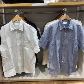 Unisex ριγέ πουκάμισο από λινό-βαμβάκι, κοντό μανίκι, όρθιος γιακά