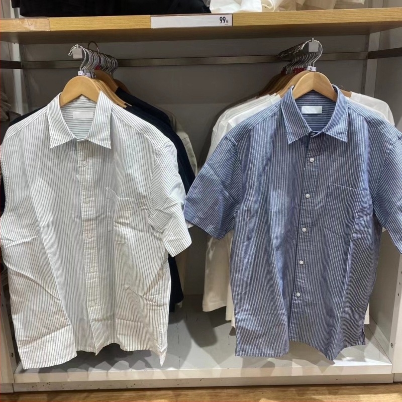 Unisex ριγέ πουκάμισο από λινό-βαμβάκι, κοντό μανίκι, όρθιος γιακά