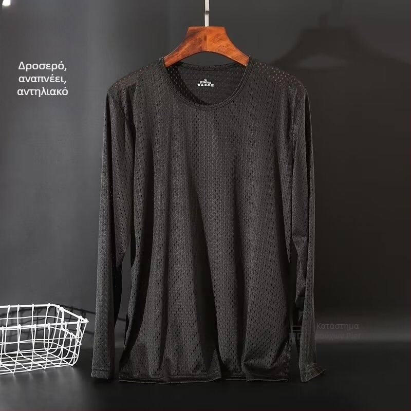 Άσπρο μακρυμάνικο T‑shirt για άνδρες από ice silk, λεπτό, αναπνεύσιμο, γρήγορο στέγνωμα, για καλοκαίρι και φθινόπωρο