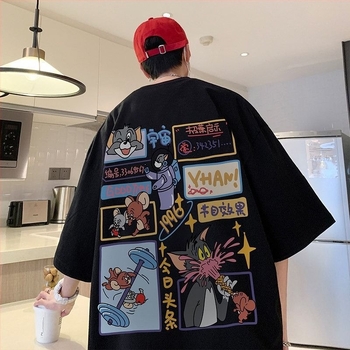 Ανδρική κοντομάνικη T‑shirt με εκτύπωση γάτας και ποντικού, βαμβακερή, βαριάς ποιότητας, στρογγυλή λαιμόκοψη, μεγάλο μέγεθος, καλοκαίρι