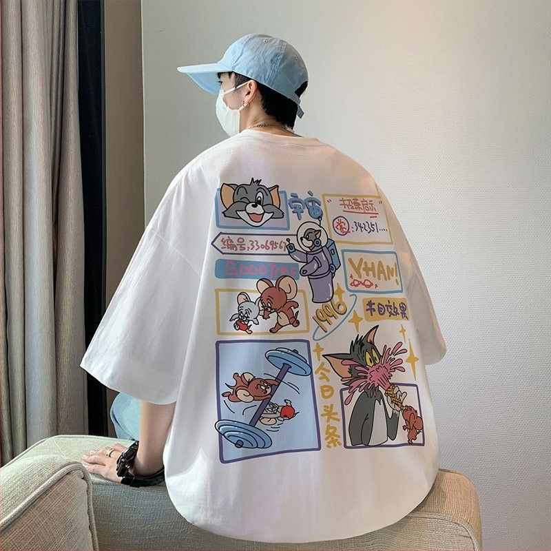Ανδρική κοντομάνικη T‑shirt με εκτύπωση γάτας και ποντικού, βαμβακερή, βαριάς ποιότητας, στρογγυλή λαιμόκοψη, μεγάλο μέγεθος, καλοκαίρι