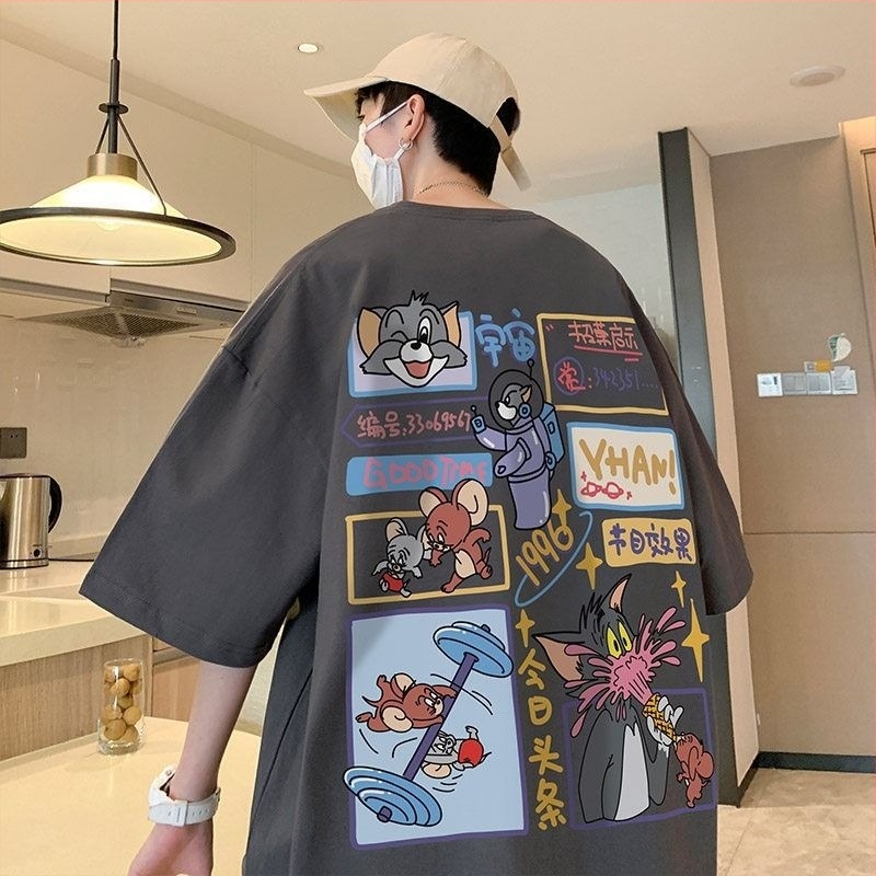 Ανδρική κοντομάνικη T‑shirt με εκτύπωση γάτας και ποντικού, βαμβακερή, βαριάς ποιότητας, στρογγυλή λαιμόκοψη, μεγάλο μέγεθος, καλοκαίρι