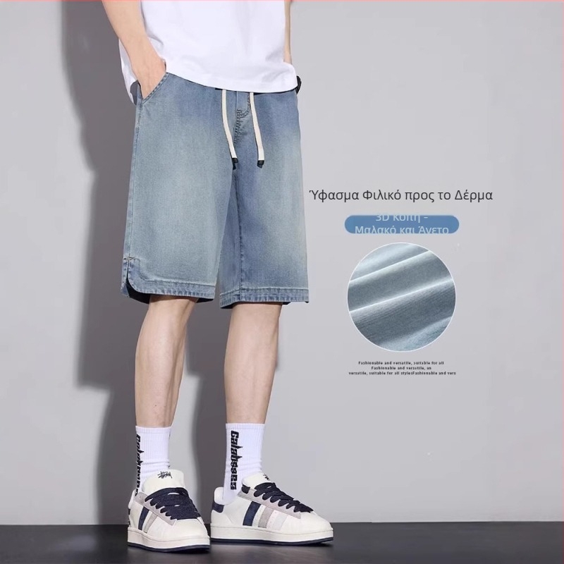 Ανδρικά σορτς Lyocell denim, καλοκαίρι ελαφρύ ύφασμα, χαλαρή ίσια εφαρμογή, μοντέλο 2026, μήκος μέχρι το μέσο μηρού.