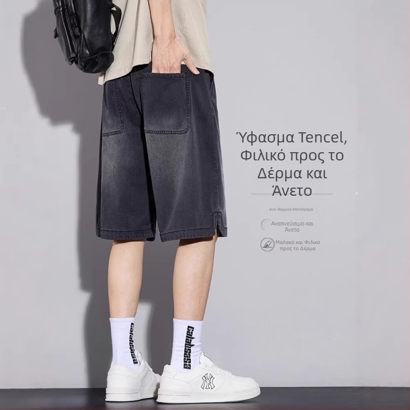 Ανδρικά σορτς Lyocell denim, καλοκαίρι ελαφρύ ύφασμα, χαλαρή ίσια εφαρμογή, μοντέλο 2026, μήκος μέχρι το μέσο μηρού.