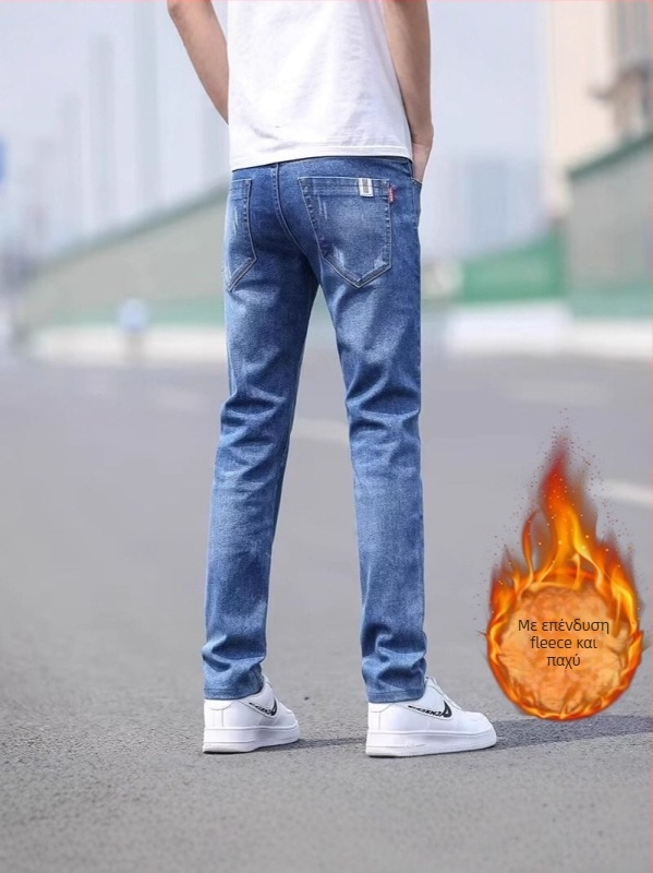 Ανδρικά τζιν από ντένιμ με επένδυση φλίς, σμιλεμένο στυλ, ίσια γραμμή, ελαστικότητα, χειμώνας 2025