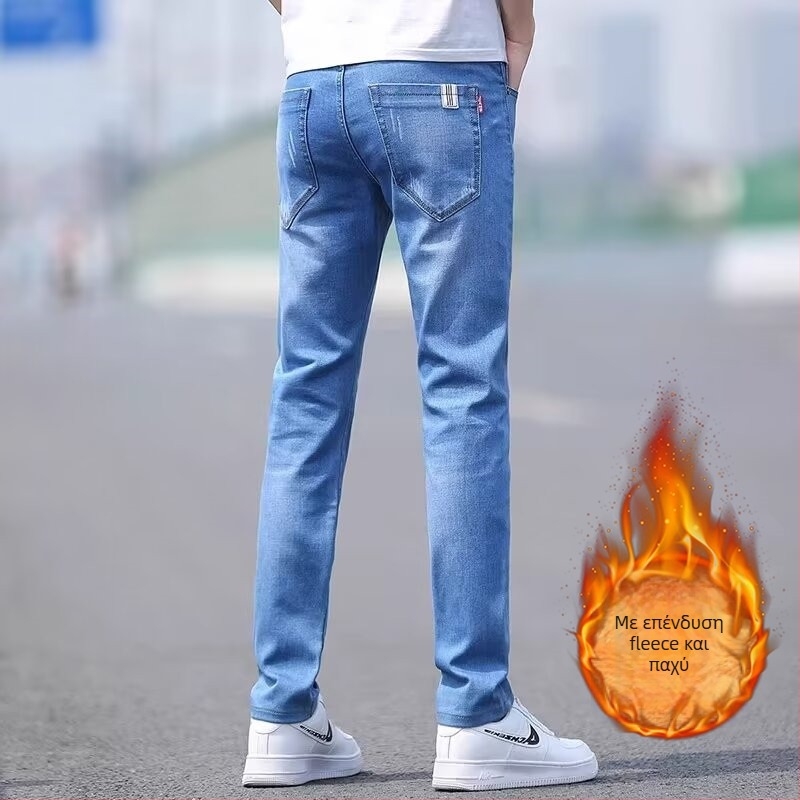 Ανδρικά τζιν από ντένιμ με επένδυση φλίς, σμιλεμένο στυλ, ίσια γραμμή, ελαστικότητα, χειμώνας 2025