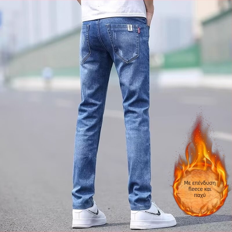 Ανδρικά τζιν από ντένιμ με επένδυση φλίς, σμιλεμένο στυλ, ίσια γραμμή, ελαστικότητα, χειμώνας 2025