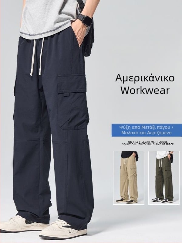 Danbaoni Ανδρικά παντελόνια από νάιλον με Ice-Silk, δροσερό ύφασμα, χαλαρή ίσια γραμμή, πολλά τσέπες