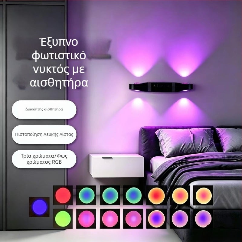 Ασύρματη λάμπα τοίχου για κομοδίνο με αισθητήρα κίνησης, επαναφορτιζόμενη, ABS κατασκευή, μοντέρνος μινιμαλιστικός σχεδιασμός
