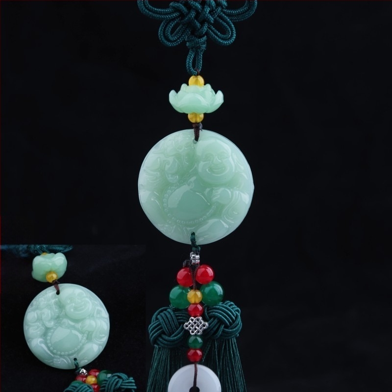 Κρεμαστό αυτοκινήτου με Pixiu Buddha, πράσινο λίθο, φούντα και κινέζικο κόμπο