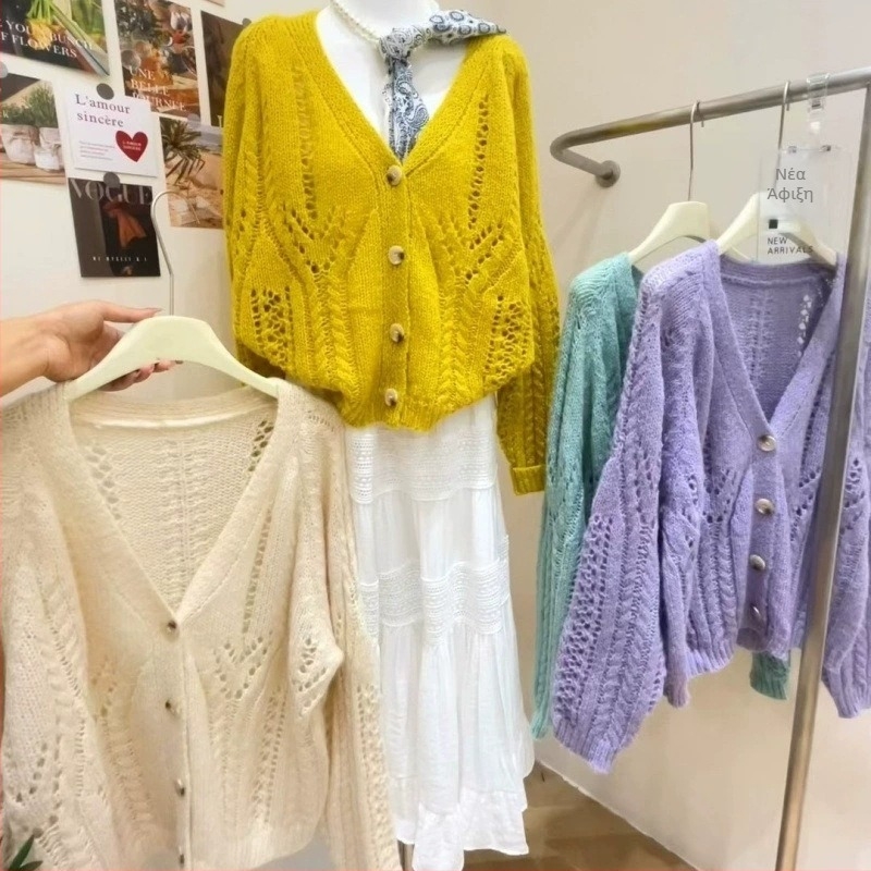 Γυναικείο πλεκτό cardigan με διάτρητο σχέδιο, χαλαρή γραμμή, κοντό V-λαιμό, κατάλληλο για άνοιξη και φθινόπωρο
