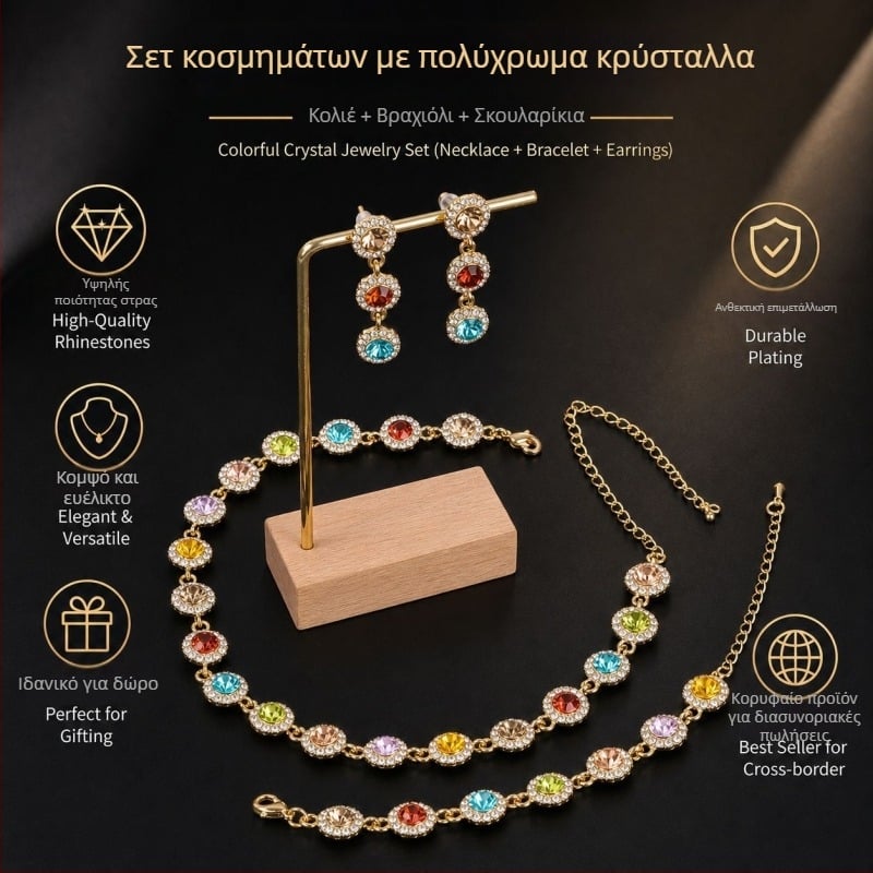 Σετ γυναικείου κολιέ με διαμαντένια ουράνια ίριδα — κοντό, κομψό λαμπερό κόσμημα με σκουλαρίκια και βραχιόλι