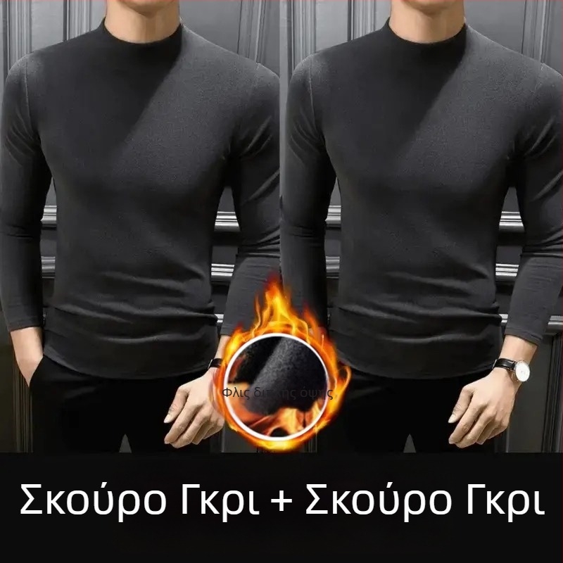 Ανδρικό μακρυμάνικο T-shirt φλίς δύο όψεων, σε στυλ Χονγκ Κονγκ, με ημιυψωμένο γιακά, χαλαρή γραμμή, κορμάκι βάσης για φθινοπωρινό-χειμερινό.