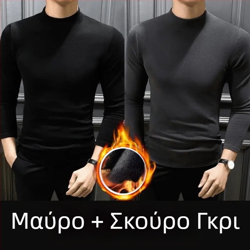 Ανδρικό μακρυμάνικο T-shirt φλίς δύο όψεων, σε στυλ Χονγκ Κονγκ, με ημιυψωμένο γιακά, χαλαρή γραμμή, κορμάκι βάσης για φθινοπωρινό-χειμερινό.